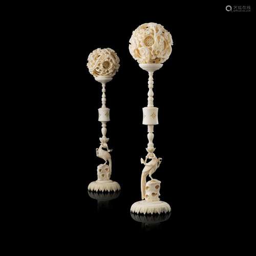 Y TWO CANTON IVORY PUZZLE BALLS AND STANDS REPUBLIC PERIOD larger one 29cm high