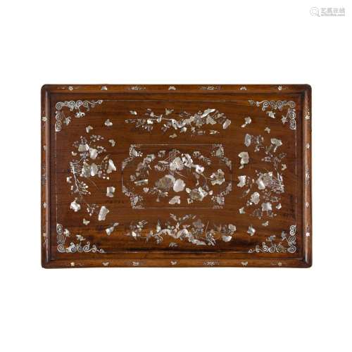 MOTHER OF PEARL INLAID RECTANGULAR WOODEN TRAY LATE 19TH/EARLY 20TH CENTURY 66cm long