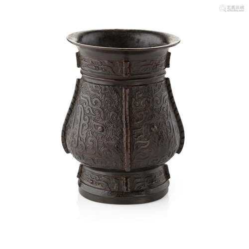 ARCHAISTIC BRONZE RITUAL WINE CUP, ZHI QING DYNASTY, 19TH CENTURY 15.5cm high