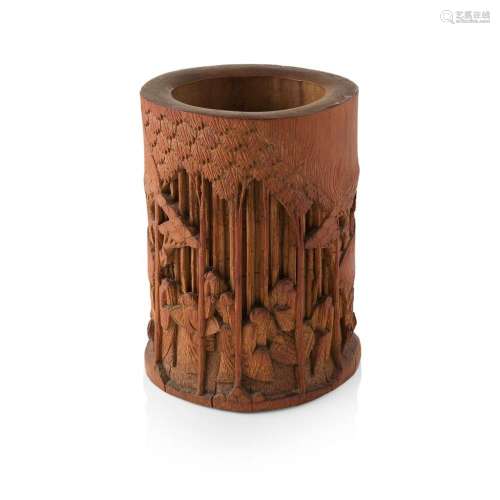 CARVED AND PIERCED BAMBOO 'SEVEN SAGES' BRUSHPOT QING DYNASTY, 19TH CENTURY 19.5cm high