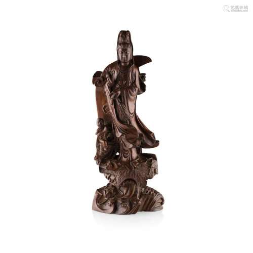 CARVED WOODEN FIGURE OF GUANYIN AND SUDHANA EARLY 20TH CENTURY 49cm high