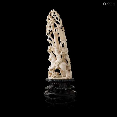 Y CARVED IVORY FIGURE OF HUA MULAN ON HORSEBACK REPUBLIC PERIOD 22.5cm high