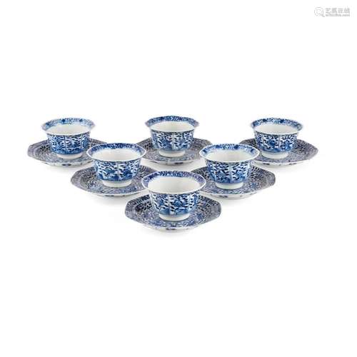 SET OF SIX BLUE AND WHITE OCTAGONAL CUPS AND SAUCERS KANGXI MARK AND OF THE PERIOD cup 8.3cm wide; saucer 13cm wide