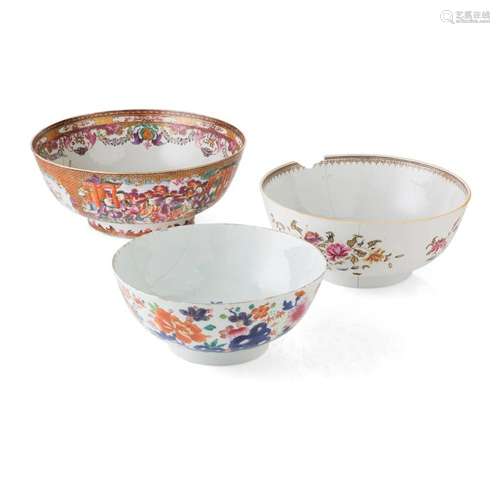 THREE EXPORT FAMILLE ROSE BOWLS QING DYNASTY, 18TH CENTURY largest 29cm diam