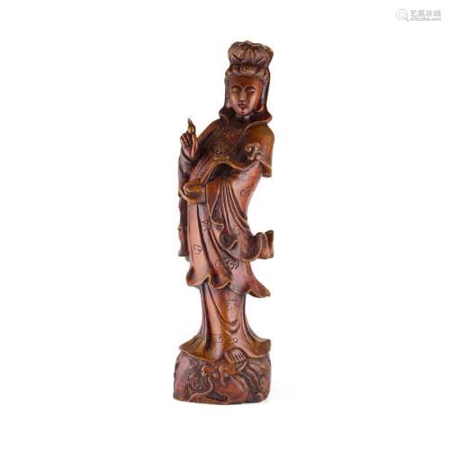 CARVED WOODEN STANDING FIGURE OF GUANYIN LATE QING DYNASTY/REPUBLIC PERIOD 75cm high