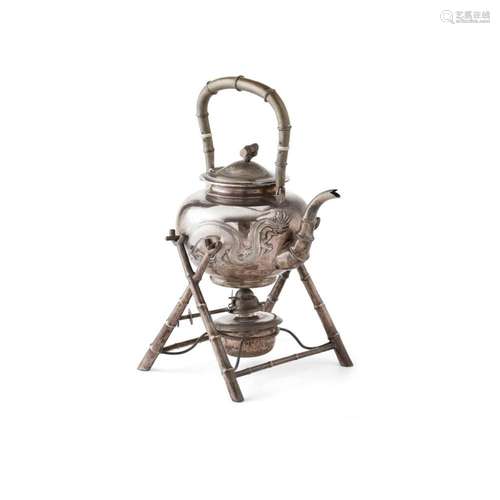 EXPORT SILVER TEA KETTLE ON STAND WITH BURNER FENG JI AND L.W. MARKS, LATE 19TH/EARLY 20TH CENTURY 27.5cm high