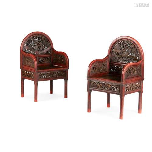 PAIR OF CARVED AND LACQUERED WOODEN ARMCHAIRS QING DYNASTY, 19TH CENTURY 107cm high, 63cm wide, 51cm deep