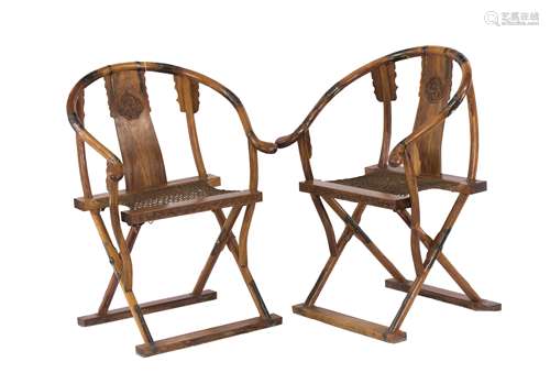 A Pair Of Huanghuali and Mix Wood Folding Horseshoe Back Arm Chair