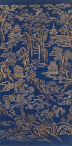 Anonymous-A Gilt Ink Blue Ground Landscrpe Palace Sence in Silk,Hanging Scroll,