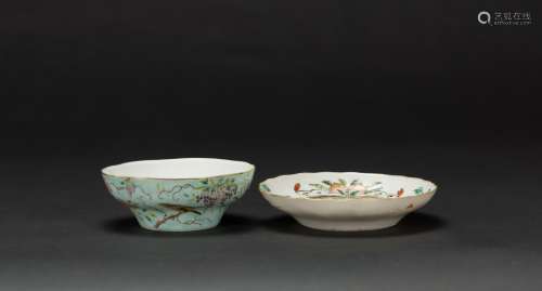 Late Qing/Republic-A Turqoise Ground ‘Flowers And Bird’ Bowl and Famille Glazed Dish