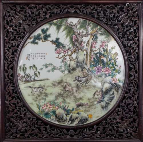 Hong Shiyue (B.1928)A Famille-Glazed ‘Horse’ Large Porcelain Plaque
Mounted Wood Framed