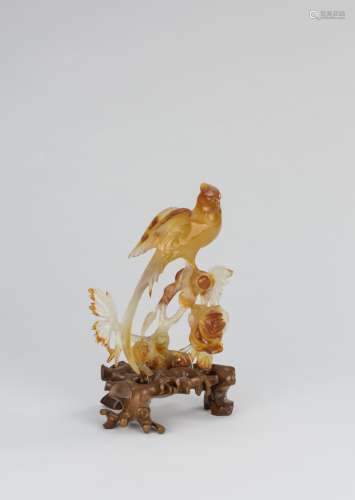 Early 20th Century-An Agate Carved Magpie and Peony