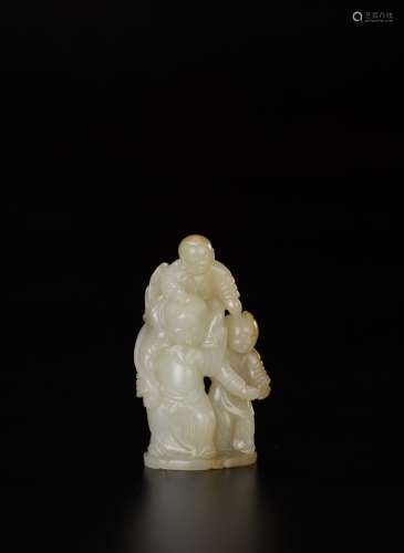 A White Jade Carved Mother And Two Boys