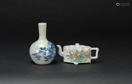 Republic-A Famille-Glaze Tea Pot And Small Blue And White Vase