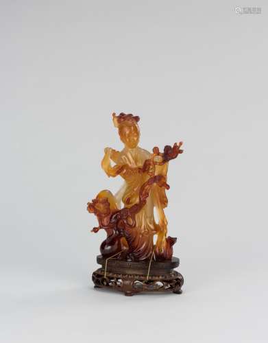 Early 20th Century-An Agate carved Lady and Plum Tree