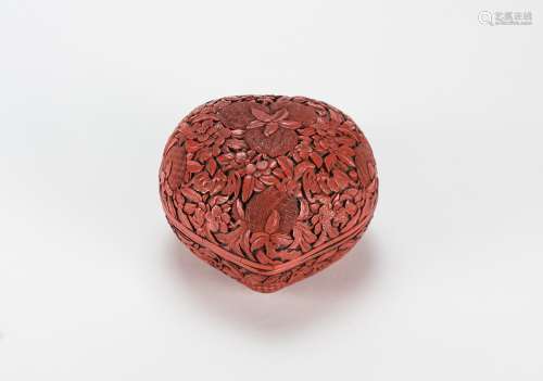 Qing-A Red Cinnerbar Lacquer Peach Shape Box And Cover
