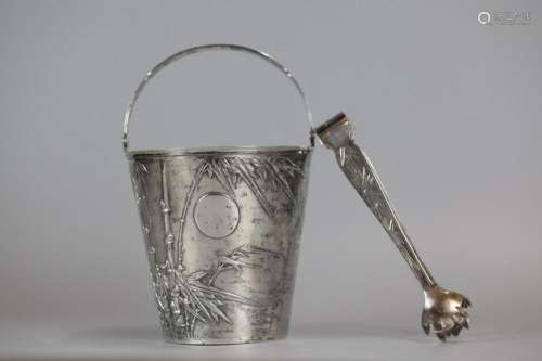 Chinese silver ice bucket w/ silver tongs