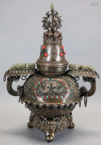 Chinese Mongolian silver censer inlaid w/ jade