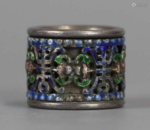 Chinese silver archer's ring w/ enamel