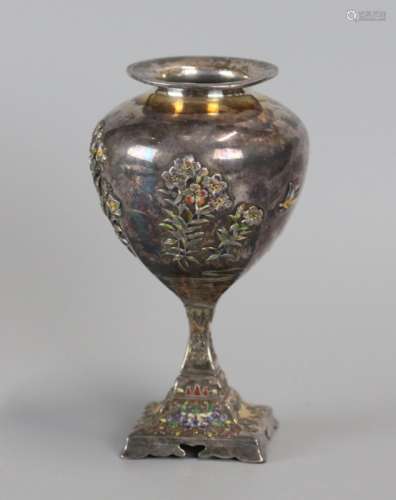 Japanese silver & enamel decorated vase, 19th c.