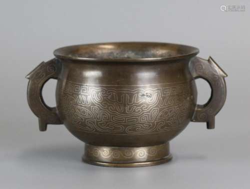 Chinese bronze censer inlaid w/ silver 18th/19th c.
