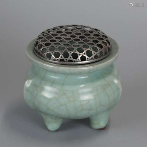 Chinese celadon porcelain censer w/ silver cover