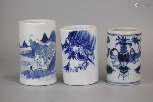 3 Chinese blue & white porcelain brush pots 19th c.