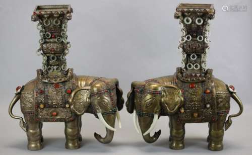 pair of Chinese Mongolian silver elephants w/ jade
