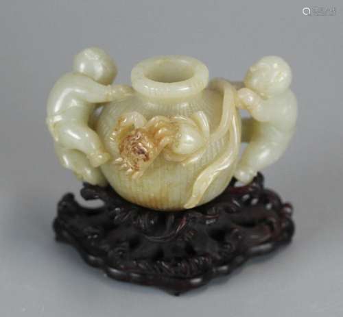 Chinese jade carving of children w/ a fishbowl