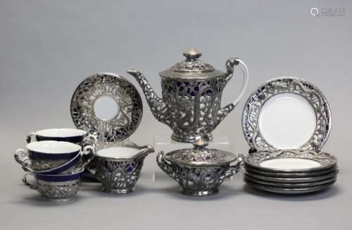Chinese silver mounted porcelain tea set