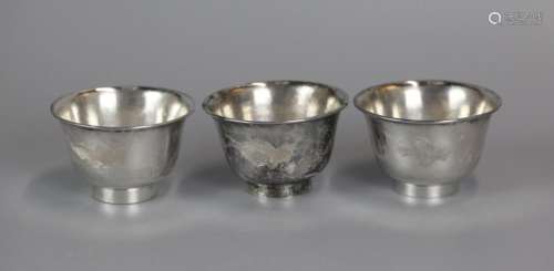3 Chinese silver cups w/ heron bird motif