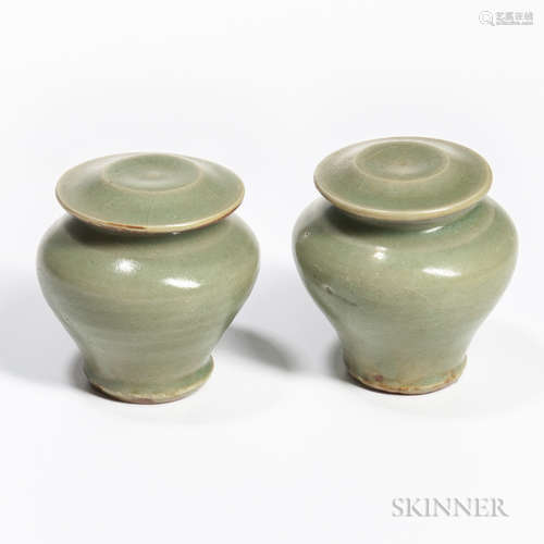 Pair of Longquan Celadon Covered Jarlets