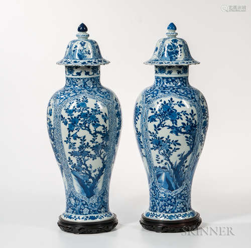 Pair of Blue and White Covered Jars