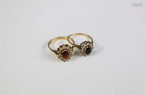 Two 9ct Yellow Gold Garnet and Sapphire Cluster Rings