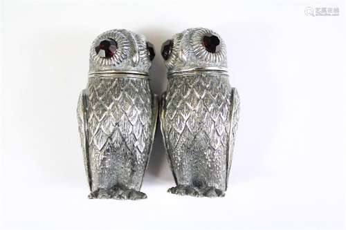 A Pair of Italian Silver Owl Shaped Condiments