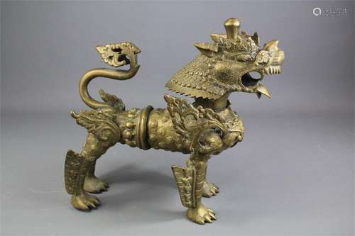 An Antique Chinese/Tibetan Bronze/Brass Temple Guardian Foo Dog