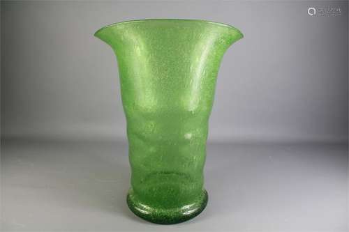 A Late 19th Century Tall Green-Fluted Blown Glass Vase.