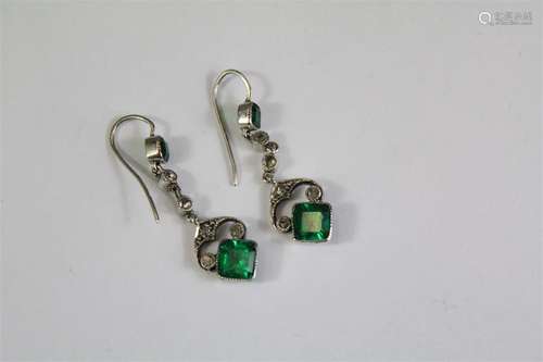 A Pair of Antique 14ct White Gold and Emerald Earrings.