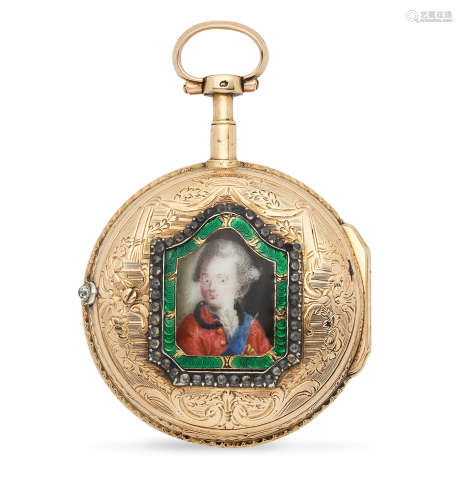 Circa 1790  Lepine. A continental gold key wind open face pocket watch with portrait miniature to reverse