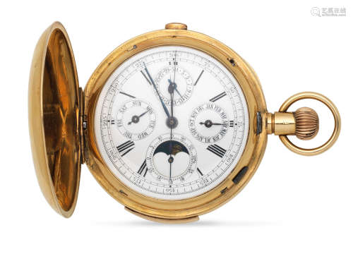 London Hallmark for 1868  An 18K gold keyless wind minute repeating triple calendar full hunter pocket watch with moon phase