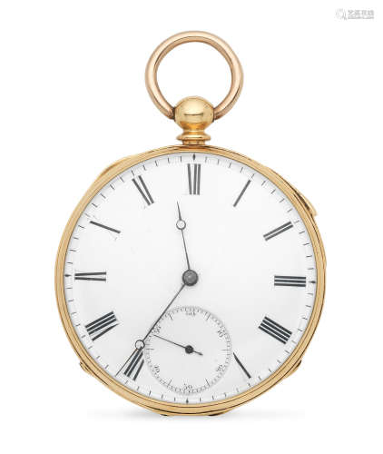 Circa 1860  Joseph Fairer, London. An 18K gold key wind open face quarter repeating pocket watch