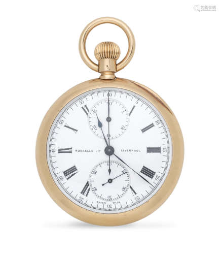 London Import mark for 1907  Russells Ltd, Liverpool. An 18K gold keyless wind open face chronograph pocket watch