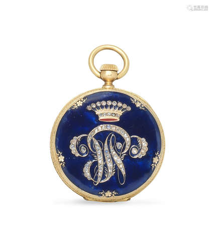 Circa 1880  Patek Philippe. An 18K gold keyless wind open face pocket fob watch with enamel and stone set decoration