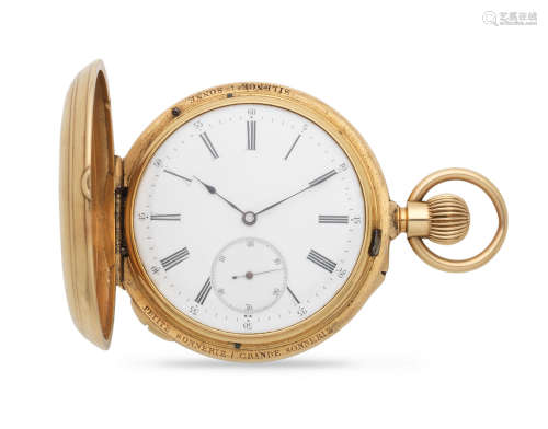 Circa 1900  Audemars Brassus for H Kreitz. An 18K gold keyless wind quarter repeating full hunter pocket watch with grande and petite sonnerie