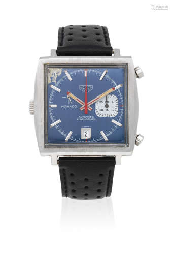 Monaco, Ref: 1533, Circa 1970  Heuer. A stainless steel automatic calendar chronograph square wristwatch