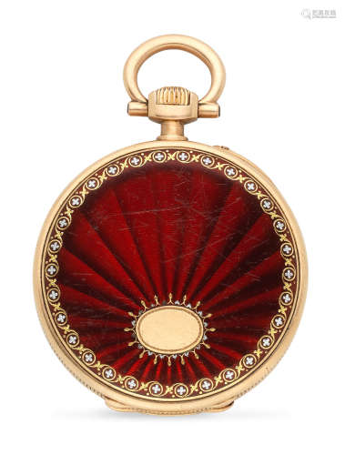 Circa 1900  Patek Philippe. An 18K gold keyless wind open face pocket watch with enamel decoration