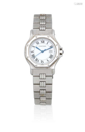 Santos, Sold 25th March 1988  Cartier. A mid-size stainless steel automatic calendar bracelet watch