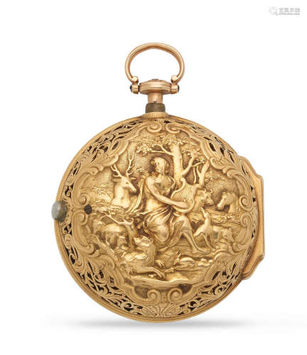 Circa 1720  Thomas Fitter, London. A gold key wind repeating pair case pocket watch with repousse decoration
