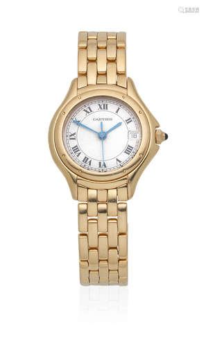 Cougar, Circa 1990  Cartier. A lady's 18K gold quartz calendar bracelet watch