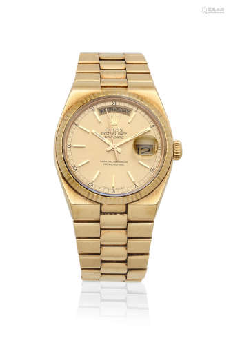 Oysterquartz Day-Date, Ref: 69173, Circa 1987  Rolex. An 18K gold quartz calendar bracelet watch